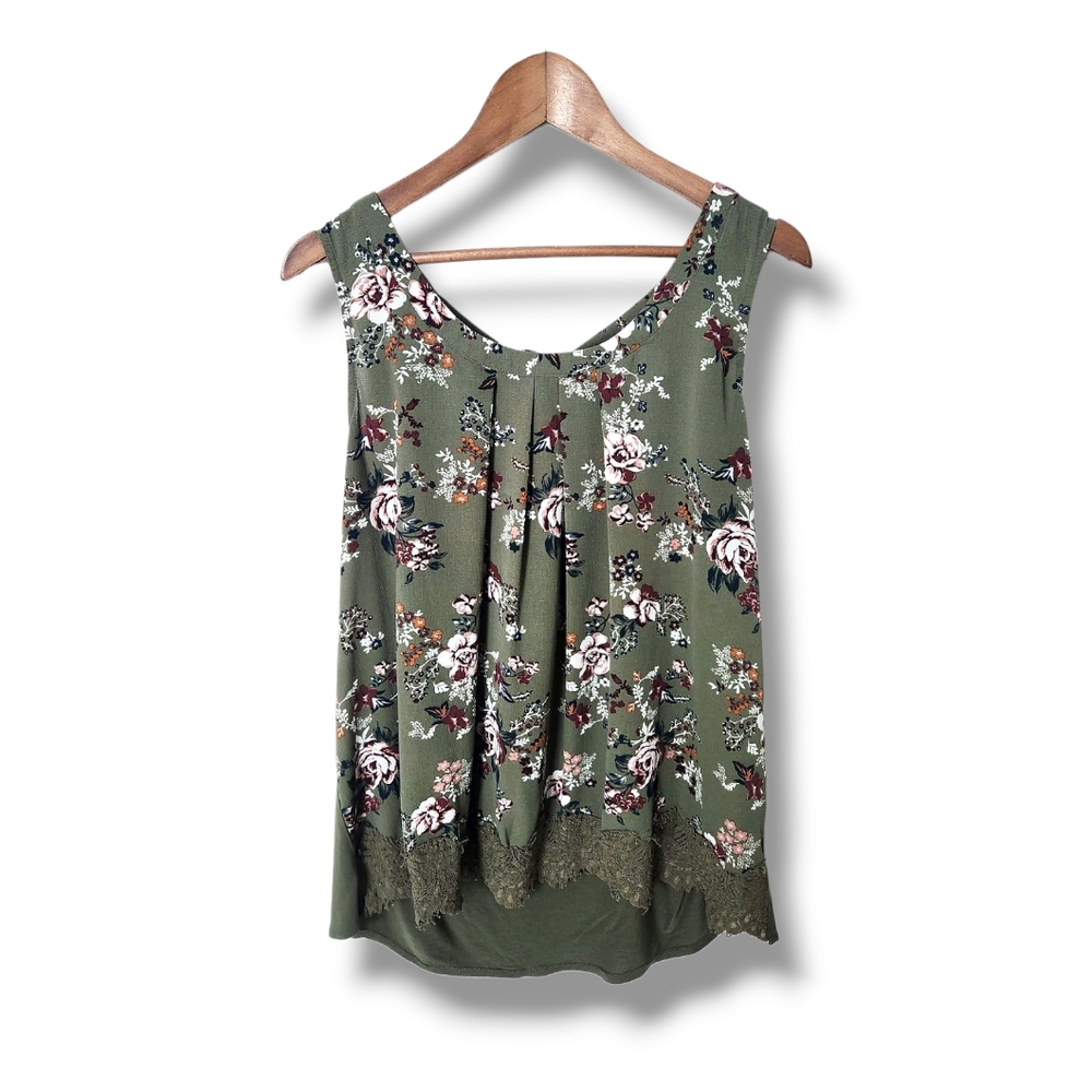 Janet Chung Olive Floral Lacey High Low Pleated Sleeveless Blouse | 2X